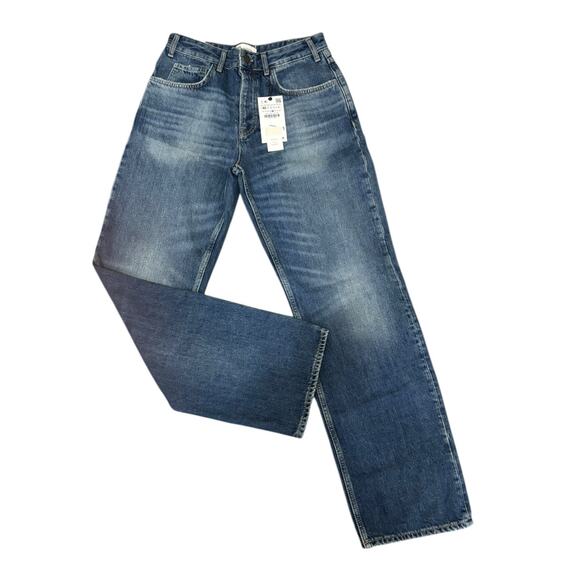 Zara The High Waist Slim Fit Straight Leg Button Fly Jeans Medium Blue SZ 8 NEW - Picture 2 of 12